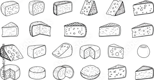 Hand drawn cheese collection vector illustration assorted dairy wedges slices and wheels sketch set isolated design