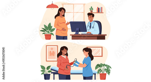 Two scenes showing a pregnant woman at medical checkups with a doctor and a nurse in a clinical office setting.