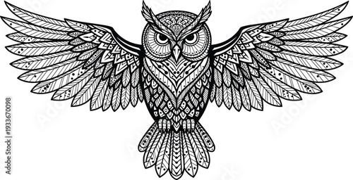 Intricate Owl Illustration with Spread Wings, Ethnic Mandala Patterns, Wise Bird Mascot, and Detailed Tribal Vector Line Art.