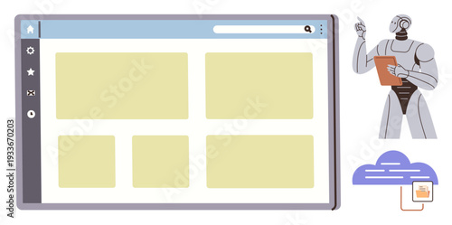 Artificial intelligence, automation, technology, cybersecurity, digital storage, innovation. Robot interacting with a user interface and cloud storage graphic. AI and automation concepts illustrated