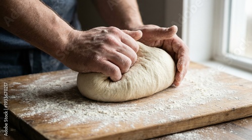 Hands knead raw bread dough on a floured wooden cutting board near a window, symbolizing homemade baking, artisan craftsmanship, and healthy food preparation
