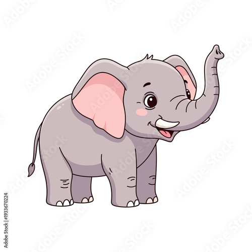 Cute cartoon elephant character waving trunk, adorable baby elephant illustration, white background