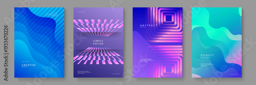 A collection of four professional posters featuring blue and purple fluid gradients with futuristic wavy lines and geometric patterns for corporate or creative event branding