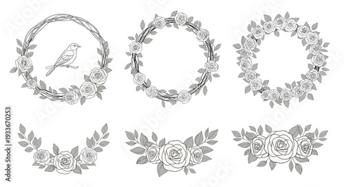 Collection of hand drawn black and white floral wreaths and blooming flower arrangements featuring delicate bird and rose illustrations.