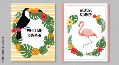 Set of two summer posters featuring a tropical toucan and a pink flamingo surrounded by exotic leaves and fruits.