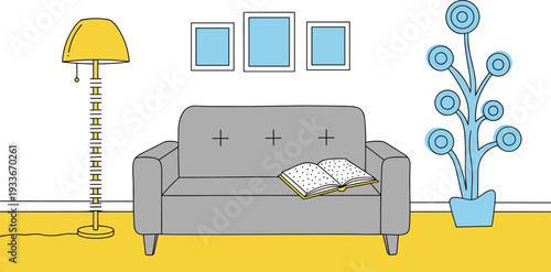 Modern living room interior vector illustration sofa floor lamp plant and wall decor home design scene