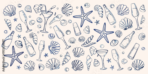 Seashells starfish and champagne bottles in a sketched nautical pattern