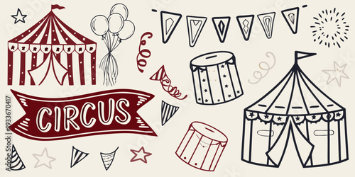 Whimsical circus doodles featuring tents balloons and festive decorations