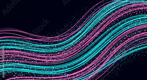 Abstract flowing lines of light particles in pink and turquoise.