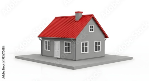A small gray house with a red roof and white trim