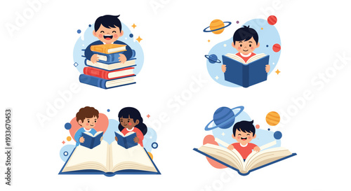 Adorable illustrations of happy diverse children reading big books surrounded by colorful planets and stars in a space theme.