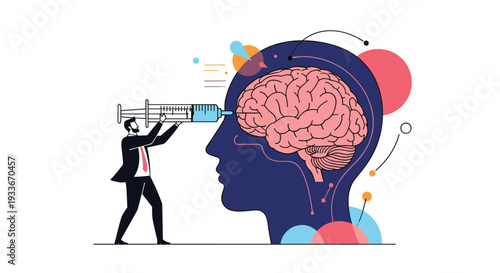 Conceptual illustration showing a professional businessman injecting a large human brain with a giant syringe symbolizing innovation.