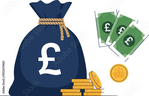 Money bag with pound sterling symbol vector illustration cash savings finance wealth concept isolated design