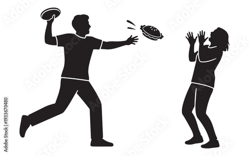 Man throwing a cream pie at a surprised woman face practical joke and prank illustration