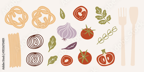 Italian food ingredients and utensils in a flat lay arrangement