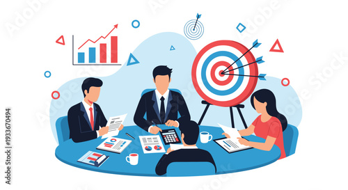 Collaborative business meeting of professional colleagues working together on strategies around a table with data charts and a target.