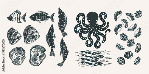 Vintage style illustration of various marine life and oceanic elements