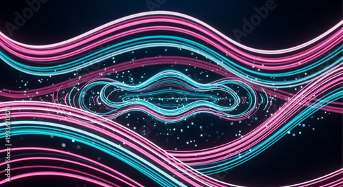 Abstract flowing neon light trails in a dark digital space.