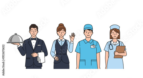 Set of professional characters including a waiter, flight attendant, doctor, and nurse representing different career service roles.