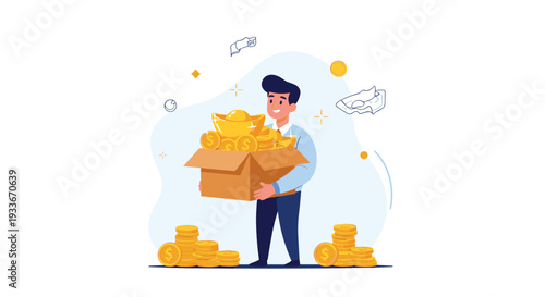 Happy young man holding a large cardboard box overflowing with shiny gold coins and bars representing wealth and financial success.
