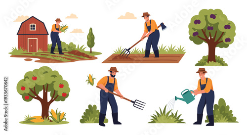 Diverse collection of farmers performing various agricultural tasks like harvesting, watering plants, and tending to fruit trees.