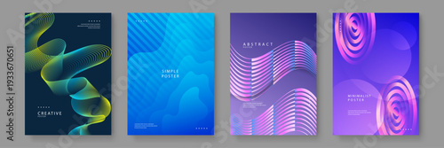 Four abstract posters showcasing intricate wavy line art and glowing gradients on dark backgrounds for premium event designs