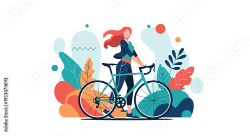 Trendy illustration of a young woman standing with her bicycle against a vibrant abstract background with colorful leaves and shapes.
