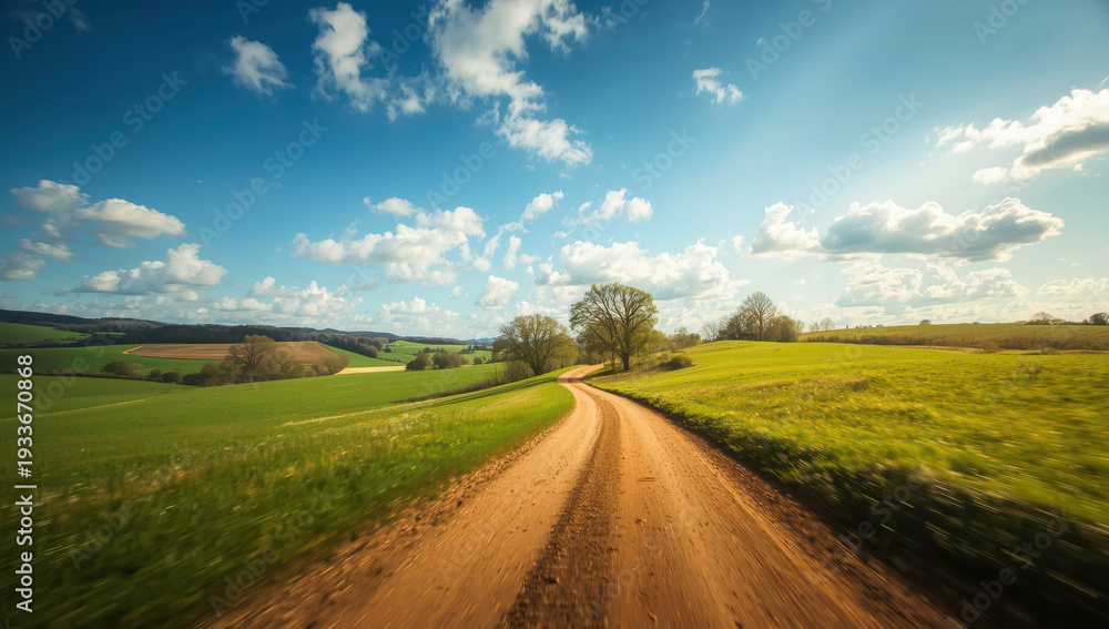 Obraz premium Winding rural dirt road countryside green field blue sky scattered cloud