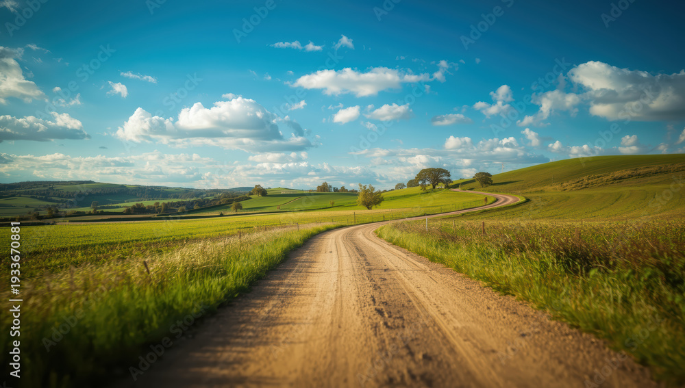 Fototapeta premium Winding rural dirt road country road rolling hill green field blue sky cloudscape summer