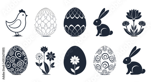 Collection of Easter symbols and decorations including patterned eggs, cute bunnies, a small chicken, and floral designs.