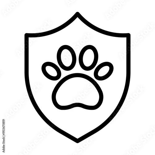 Line icon illustration featuring a paw print inside a shield representing pet protection and health care