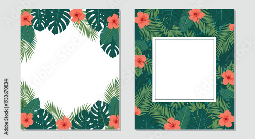 Set of two tropical themed frames featuring lush green palm leaves, monstera foliage, and vibrant red hibiscus flowers.