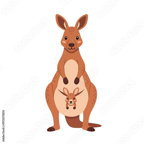 Cute Cartoon Kangaroo with Joey in Pouch, Australian Wildlife