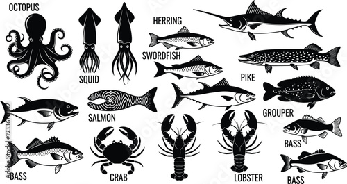 Seafood Silhouette Set with Lobster, Octopus, Crab, Squid, and Various Fish Species like Salmon, Bass, Pike, and Swordfish.