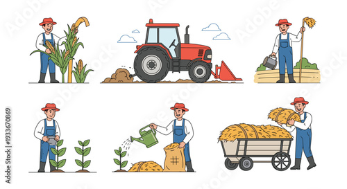 Various farming activities including a farmer with a tractor, harvesting corn, watering crops, and moving hay in a cart.