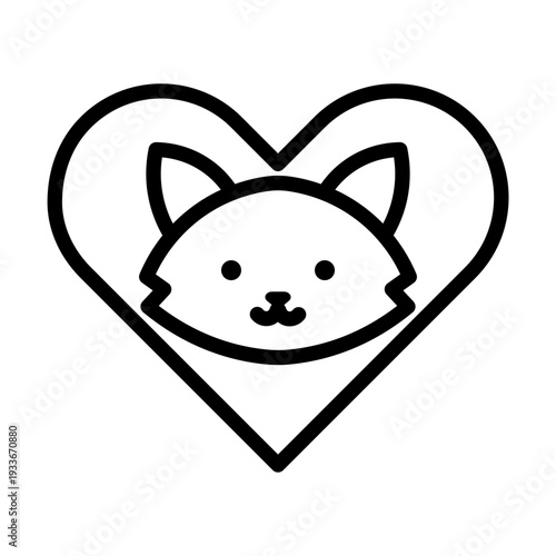 Line icon illustration of a cat head inside a heart shape representing love for pets