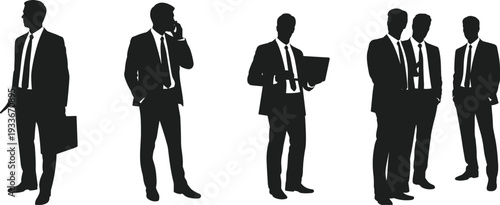 Five black silhouette men in business suits with ties and briefcases standing in different poses