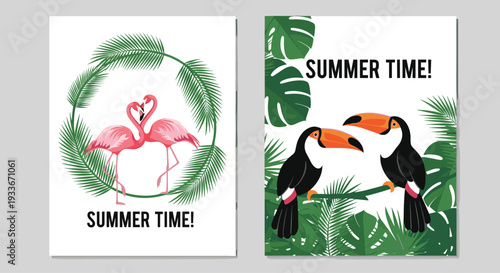 Vibrant Summer Time posters featuring exotic pink flamingos in a tropical wreath and two colorful toucans on a branch.