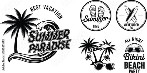 Summer Paradise Logo Set with Tropical Palm Trees, Ocean Waves, Bikini Beach Party Emblems, and Vacation Vector Illustrations.