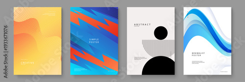 Set of four diverse abstract posters featuring warm gradients, sharp geometric shapes, and minimalist compositions for versatile use