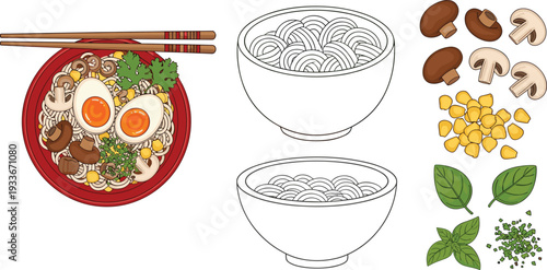 Ramen bowl ingredients vector illustration Japanese noodle soup with toppings and chopsticks food preparation set