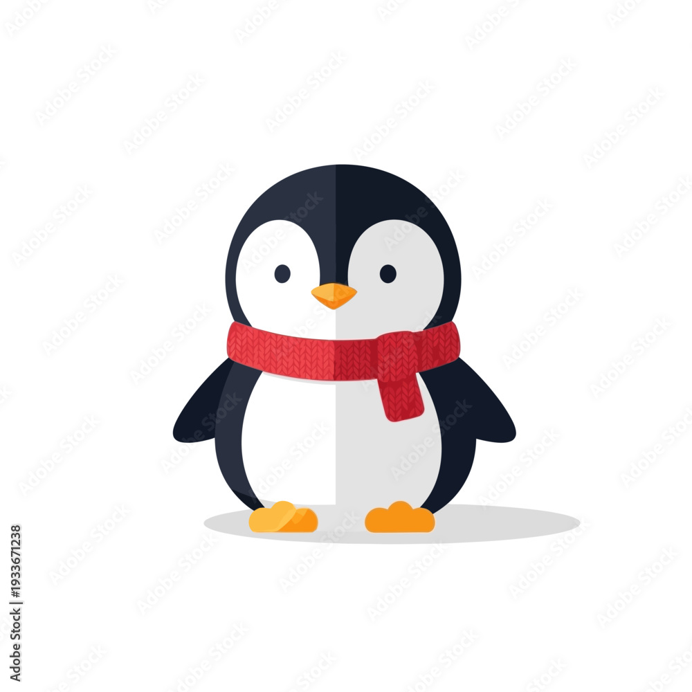Fototapeta premium Cute cartoon penguin with red scarf, winter illustration, flat design