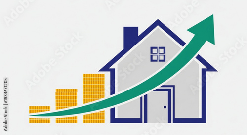 Conceptual illustration of rising real estate market and increasing property value with stacked golden coins representing financial growth and a stylized house