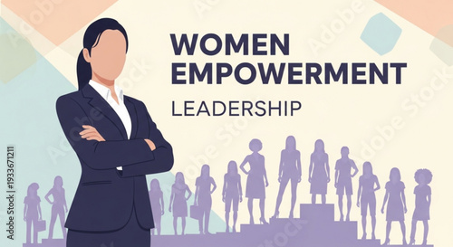 Empowering women in leadership roles a confident businesswoman in a sharp dark suit stands with arms crossed overlooking a diverse group of silhouetted women ascending
