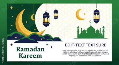 Ramadan kareem greeting with islamic crescent moon traditional hanging lanterns and mosque silhouette against a starry night sky celebrating holy month of fasting