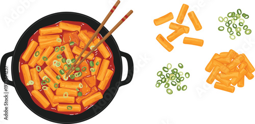 Spicy Korean tteokbokki rice cake vector illustration street food bowl with chopsticks and ingredients isolated design