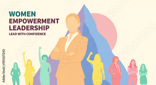 Diverse group of women in vibrant colors stand confidently behind a prominent female leader in a sharp orange suit symbolizing women empowerment and leadership