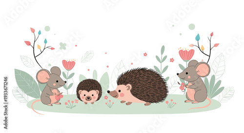 Delightful scene featuring cute cartoon mice and hedgehogs playing together in a beautiful garden filled with flowers and leaves.