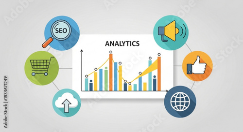 Colorful analytics infographic with seo shopping cart cloud globe and thumbs up icons on gray background