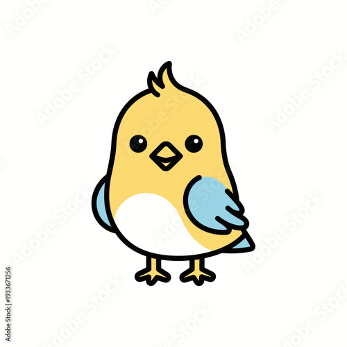 Cute cartoon yellow chick bird with blue wings, simple kawaii style, isolated on white background